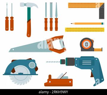 Jeu d'icônes d'outils de travail de réparation et de construction. Équipement de menuiserie tel que marteau, compteur de rouleau, scie manuelle, ciseau, règle, crayon, perceuse à main, chainsa Illustration de Vecteur