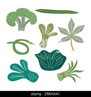 Ensemble de différents légumes : brocoli, chou, haricots longs, moutarde, oignon, betterave, concombre etc Aliments biologiques frais isolés sur backgroun blanc Illustration de Vecteur
