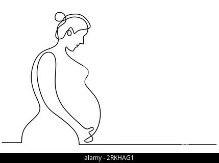 Un dessin au trait continu de la femme enceinte, image de silhouette de la mère. Heureuse jeune maman tient son ventre enceinte. Bonne fête de la femme. Charact Illustration de Vecteur