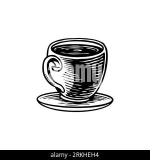 Une tasse à café dans le style dessiné à la main à l'encre. Dessins vintage de boisson chaude. Concept de boutique de tasses de cafés. Design décoratif pour cafétéria, affiches, bannières, Illustration de Vecteur