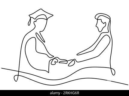 Un seul dessin au trait d'un étudiant diplômé avec professeur isolé sur fond blanc. Un conférencier donne des diplômes aux étudiants et leur serre la main. Illustration de Vecteur