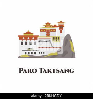 Paro Taktsang à Buthan. Un site sacré bouddhiste himalayen de Vajrayana. Bâtiment de monastère célèbre historique isolé sur fond blanc. Dessin animé plat s Illustration de Vecteur