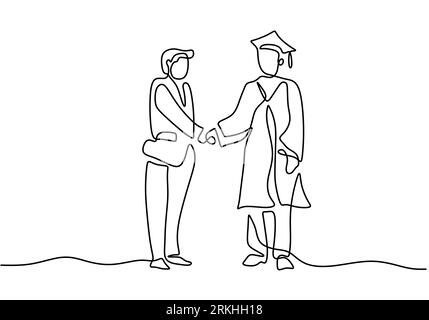 Un seul dessin au trait d'un étudiant diplômé avec professeur isolé sur fond blanc. Un conférencier donne des diplômes aux étudiants et leur serre la main. Illustration de Vecteur