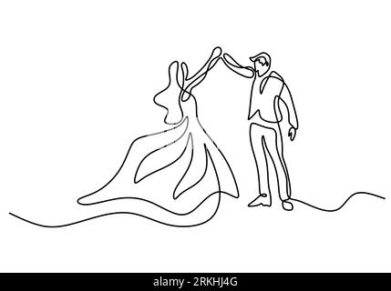 Dessin continu d'une ligne de danse de couple isolé sur fond blanc. Homme avec smoking et femme avec robe élégante faisant des minimalis de danse romantique Illustration de Vecteur