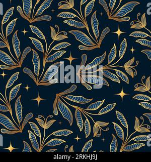 Motif fleur bleu et or de luxe. Motif floral sans couture dessiné à la main pour la mode, papier peint, papier d'emballage, fond, tissu, textile, vêtements Illustration de Vecteur