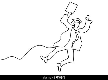 Dessin au trait continu d'un jeune heureux étudiant masculin sautant pour célébrer son résultat final d'examen de graduation dessin à la main minimalisme d'art dessiné à la main. Campus lif Illustration de Vecteur