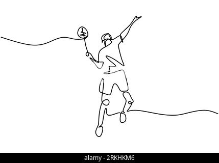 Dessin continu d'une ligne d'athlète jeune homme jouant au badminton. Un saut masculin et frapper volant avec raquette. Concept de sport de compétition dessiné à la main Illustration de Vecteur
