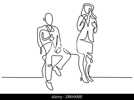 Dessin au trait continu de deux gens d'affaires professionnels. Homme d'affaires est assis et femme d'affaires est debout avec pose douce et confiante. Mini Illustration de Vecteur