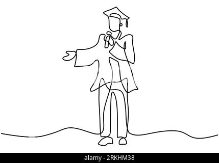 Dessin au trait continu de l'étudiant diplômé a fait un discours. Jeune homme étudiant debout et discours au public lors de la cérémonie de remise des diplômes dessiné par Illustration de Vecteur