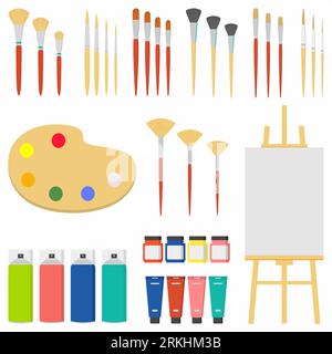 Ensemble d'outils de peinture éléments de dessin animé concept de vecteur coloré. Fournitures d'art : chevalet, toile, tubes de peinture, peinture textile, pinceaux avec différents modèles Illustration de Vecteur