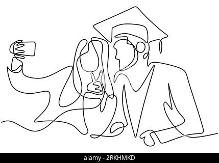 Dessin au trait continu d'étudiant heureux diplômé prenant la photo selfie avec sa sœur isolé sur fond blanc. Concept de célébration de remise des diplômes. Illustration de Vecteur