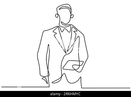 Dessin continu à une seule ligne de jeune homme d'affaires professionnel portant un costume et un masque tout en portant un dossier ou une tablette de smartphone isolé sur whit Illustration de Vecteur