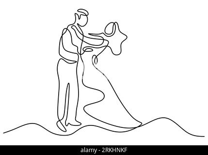 Dessin continu d'une ligne de danse de couple isolé sur fond blanc. Homme avec smoking et femme avec robe élégante faisant des minimalis de danse romantique Illustration de Vecteur