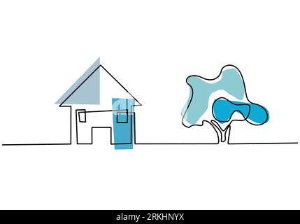 Dessin continu d'une ligne d'une petite maison avec des arbres de jardin au village. Nature maison extérieur dessin minimaliste à la main concept. Chambre simple moderne l Illustration de Vecteur