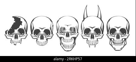 Ensemble de vues de face de crâne humain dessiné à la main. crâne cassé. corné, crâne sans mâchoire basse etc isolé sur fond blanc. Illustration vectorielle. Illustration de Vecteur