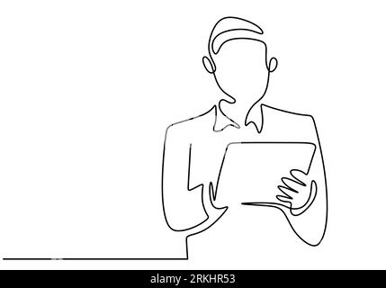 Dessin continu à une seule ligne de jeune homme d'affaires professionnel portant un costume et un masque tout en portant un dossier ou une tablette de smartphone isolé sur whit Illustration de Vecteur