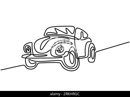 Voiture rétro continue dessin d'une ligne isolé sur fond blanc. Vieille voiture vintage Volkswagen Beetle esquisse linéaire dessiné à la main minimaliste. Vecteur clas Illustration de Vecteur