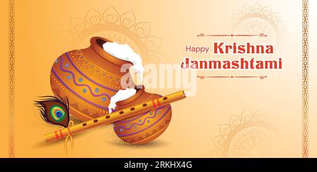 Résumé Happy Janmashtami festival fond avec Dahi Handi, Bansuri (flûte) et plume de paon. Fête traditionnelle de la religion hindoue de l'Inde. Illustration de Vecteur