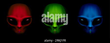 Alien rouge vert bleu visages dans l'obscurité Illustration de Vecteur