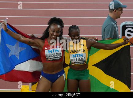 Danielle WILLIAMS de JAM et Jasmine CAMACHO-QUINN de PUR final 100 mètres HAIES LES FEMMES lors des Championnats du monde d'athlétisme 2023 le 24 août 2023 au Nemzeti Atletikai Kozpont à Budapest, Hongrie. Photo de Laurent Lairys/ABACAPRESS.COM Banque D'Images