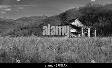 Une photo d'une vieille maison décrépit située sur une colline d'herbe verte luxuriante dans un paysage de banlieue près d'une grande ville Banque D'Images