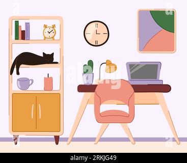 Intérieur de bureau à domicile avec chat en doodle, style plat. Lieu de travail dans la maison. Illustration vectorielle. Illustration de Vecteur
