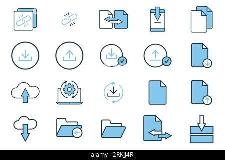 Icône Télécharger l'ensemble. Contient des icônes de téléchargement, de téléchargement, de transfert, de lien, etc. Adapté à la conception de site Web, application, interfaces utilisateur, imprimable, etc. Ligne plate Illustration de Vecteur