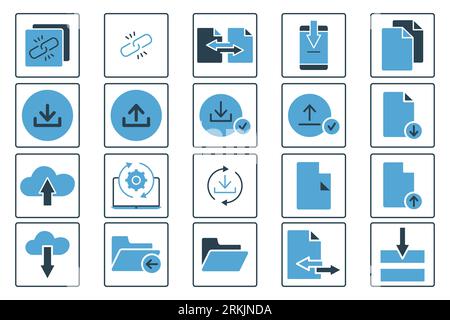 Icône Télécharger l'ensemble. Contient des icônes de téléchargement, de téléchargement, de transfert, de lien, etc. Adapté à la conception de site Web, application, interfaces utilisateur, imprimable, etc Co. Solide Illustration de Vecteur