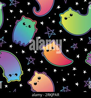 Motif sans couture Halloween. Illustration vectorielle de chats fantômes mignons sur un fond noir. Motif transparent de dessin animé vectoriel. Illustration de Vecteur
