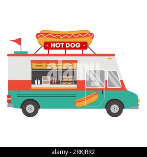 Icône de dessin animé plat tendance Vector sur les véhicules de nourriture de rue avec camion hot-dog isolé sur fond blanc. Food Truck sur la rue contemporaine de la ville. Livr Illustration de Vecteur