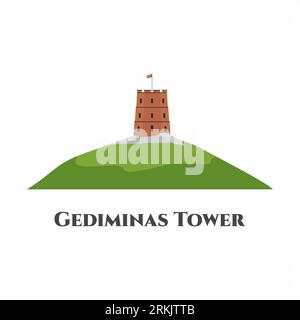 Tour de Gediminas à Vilnius, Lituanie. Recommander de prendre une visite. Pays du monde les villes vacances Voyage monuments touristiques. Style de dessin animé plat ve Illustration de Vecteur