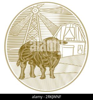 Tiré à la main de buffle ou de vache devant la ferme. Maison de moulin à vent des pays-Bas et grosse vache isolée sur fond blanc Illustration de Vecteur