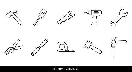 Icône d'ensemble de menuiserie. Icône relative aux outils Handyman. Contient des icônes marteau, tournevis, scie, perceuse, etc Style d'icône de ligne. Conception vectorielle simple editabl Illustration de Vecteur