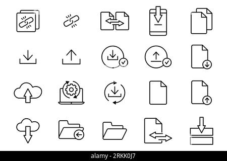 Icône Télécharger l'ensemble. Contient des icônes de téléchargement, de téléchargement, de transfert, de lien, etc. Adapté à la conception de site Web, application, interfaces utilisateur, imprimable, etc Icône de ligne Illustration de Vecteur