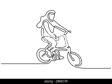 Dessin au trait continu d'une femme heureuse cycliste vélo plié. Jeune fille énergique à vélo dans la rue isolé sur fond blanc. Lui Illustration de Vecteur