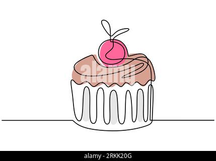 Ligne continue unique de cupcake avec cerise rose. Cupcake avec restauration rapide cerise rose dans un style de ligne isolé sur fond blanc. Illustration de Vecteur