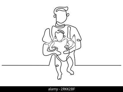 Un dessin au trait continu du jeune papa portant son enfant. Concept heureux de fête des pères isolé sur fond blanc. Heureux parent familial célibataire li Illustration de Vecteur