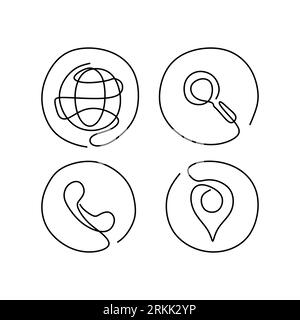 Une ligne continue d'icônes de communication. Globe, loupe, téléphone et logo de carte dans un style de ligne unique isolé sur fond blanc. Illustration de Vecteur