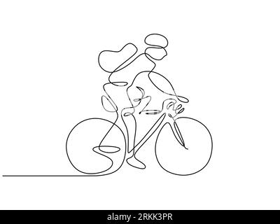 Ligne continue de jeune homme cycliste avec vélo de route. Adolescent homme faisant du vélo portant un sac et un casque allant à l'école isolé sur fond blanc. Illustration de Vecteur