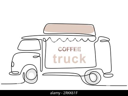 Ligne continue unique de camion de nourriture de café. Camion de nourriture de café dans un style de ligne isolé sur fond blanc. Illustration de Vecteur