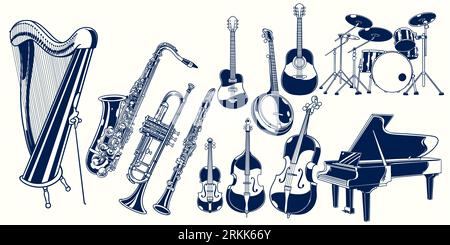 Set collection d'instruments de musique. Piano, violon, batterie, guitare acoustique, clarinette, trompette, saxophone, banjo, contrebasse, harpe, violoncelle. Classi Illustration de Vecteur