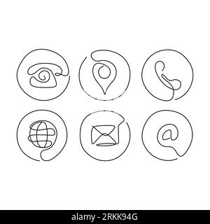 Une ligne continue d'icônes de communication. Téléphone, carte, globe, courrier et symbole AT dans le style d'une seule ligne isolé sur fond blanc. Illustration de Vecteur