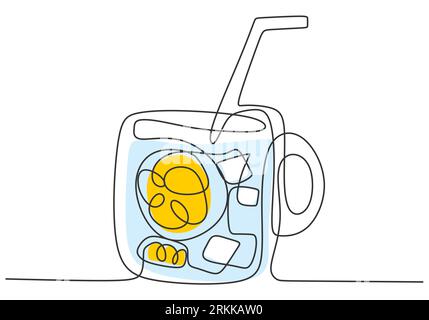 Dessin continu à une ligne de glace fraîche de limonade sur verre de bocal avec citron tranché isolé sur fond blanc. Menu café et badge restaurant conce Illustration de Vecteur