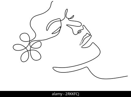 Visage de femme avec fleur de rose dans le style minimaliste de dessin de ligne continue. Symbole de la nature des cosmétiques. Illustration vectorielle d'impression botanique dans l'élégant St Illustration de Vecteur