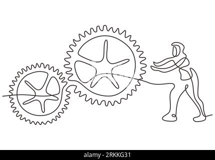 Homme avec des roues à engrenages mobiles dans un design minimaliste de dessin en ligne continue. Modèle de logotype de société de symbole en métal de roue ronde pour le travail d'équipe d'entreprise co Illustration de Vecteur