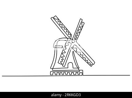 Silhouette continue tracée d'une ligne de l'énergie alternative d'éolienne. Beauté lieu célèbre aux pays-Bas. Le concept du symbole de l'écologie et Illustration de Vecteur