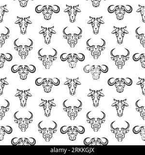 Motif sans couture tribal Boho de tête d'animal mamalia : tête de taureau, tête de buffle, tête de vache, tête de mouton, tête de chèvre isolé fond blanc. Desig. Vintage Illustration de Vecteur