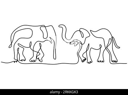 Deux éléphants continus d'une ligne d'art dessin minimalisme style. Un couple grand éléphant marche et joue ensemble au parc zoologique isolé sur la ba blanche Illustration de Vecteur