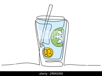 Dessin continu à une ligne de glace fraîche de limonade sur verre de bocal avec citron tranché isolé sur fond blanc. Menu café et badge restaurant conce Illustration de Vecteur