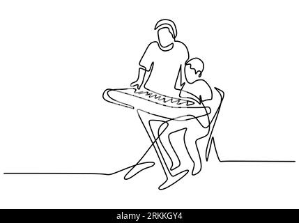 Dessin au trait continu d'un jeune père heureux jouant du piano avec son fils à la maison. Un papa apprend à son enfant à jouer du piano et à chanter une chanson ensemble. F Illustration de Vecteur